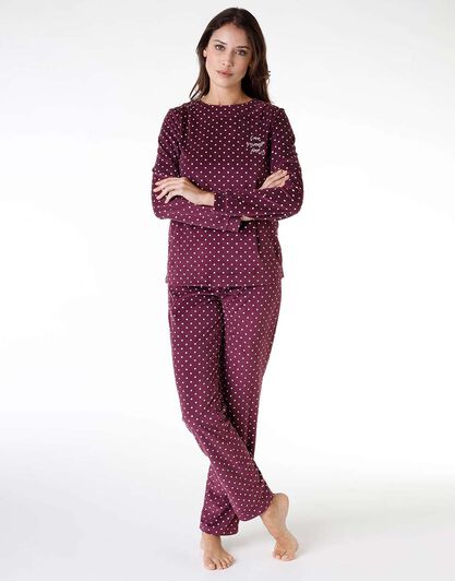 Pigiama lungo donna in micropile, bordeaux stampa pois, , LOVABLE