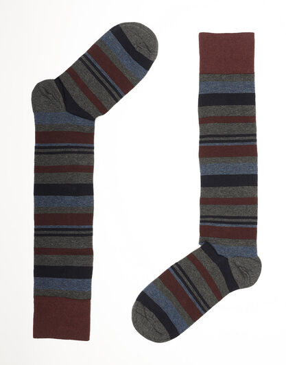 Calze lunghe uomo in cotone, con righe bordeaux grigie e blu, , LOVABLE