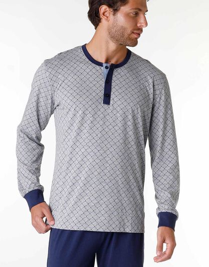 Pigiama uomo lungo in cotone jersey, grigio melange stampato, , LOVABLE