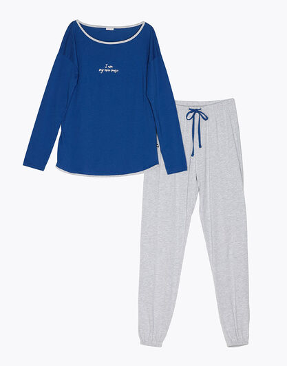Pigiama lungo in jersey, blu navy, , LOVABLE