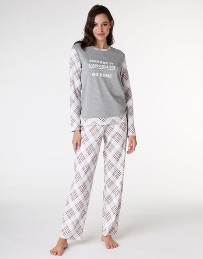 Pigiama lungo in interlock di cotone, grigio melange stampato, , LOVABLE