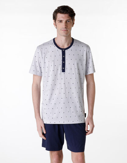 Pigiama corto serafino jersey, grigio riga e stampine allover, , LOVABLE