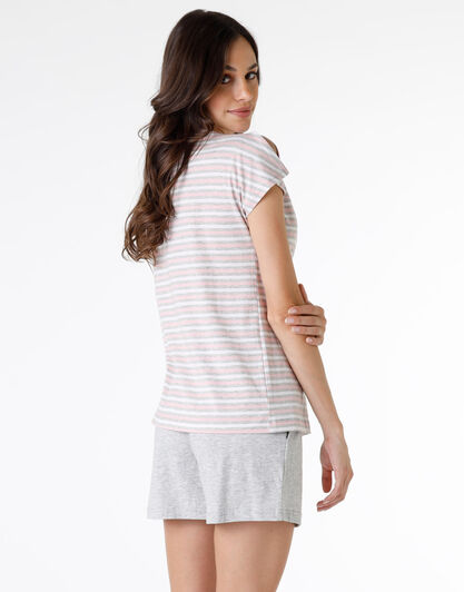 Pigiama corto donna in jersey di cotone, righe rosa e grigio, , LOVABLE