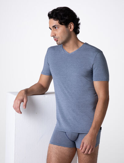 T-Shirt Scollo a V Micromodal Fil a Fil, azzurro jacquard, , LOVABLE