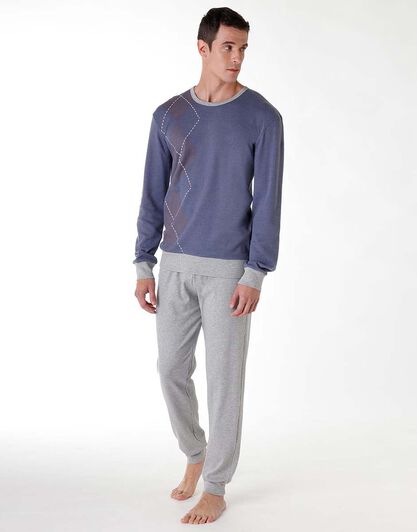 Pigiama lungo uomo in cotone interlock, blu melange con stampa, , LOVABLE