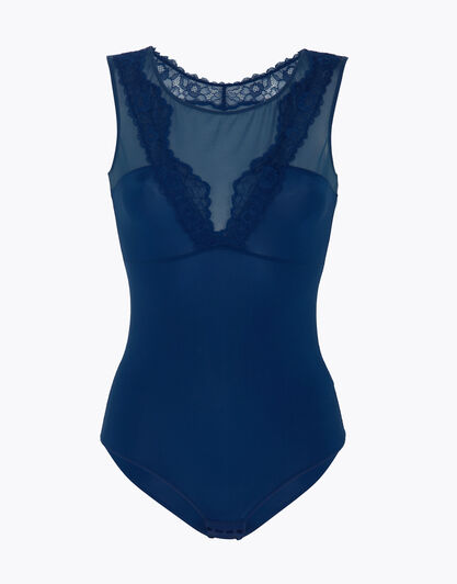 Body con coppe doppiate, bluette, in microfibra lucida con Inserto centrale in tulle liscio e balzina di pizzo, , LOVABLE