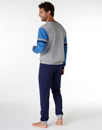 Pigiama uomo lungo in cotone interlock, blu brillante e grigio, , LOVABLE