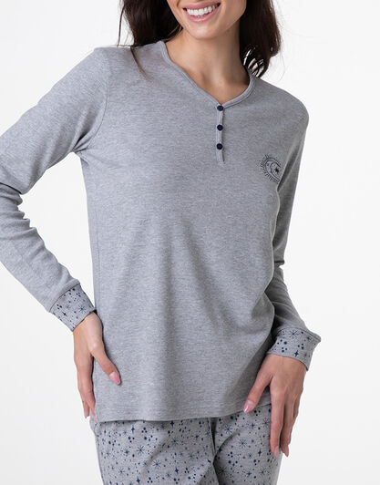 Pigiama Lungo Serafino in Interlock, grigio melange,  Pigiama Lungo Serafino in Interlock, grigio melange, , LOVABLE