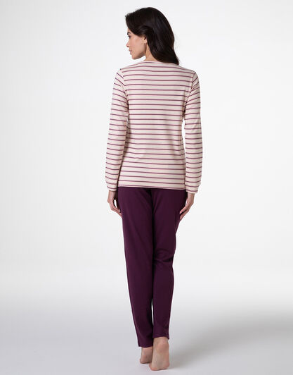 Pigiama Lungo in Interlock, righe avorio, rosa e vinaccia, , LOVABLE