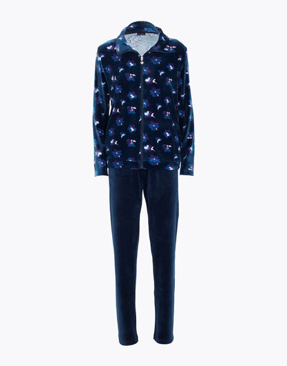 Homewear manica e gamba lunga blu stampato, in ciniglia, aperto con zip, , LOVABLE