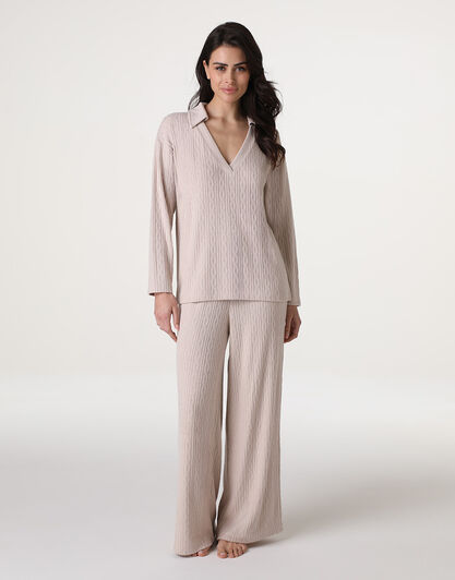 Pigiama Lungo scollo a V in maglia, panna rosato, , LOVABLE