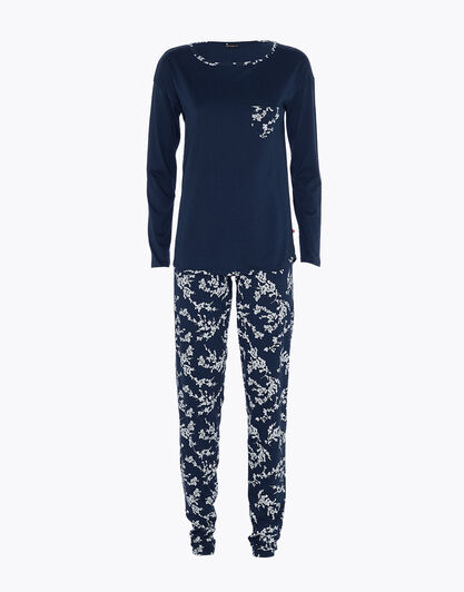 Pigiama lungo donna in jersey di 100% cotone, blu, , LOVABLE