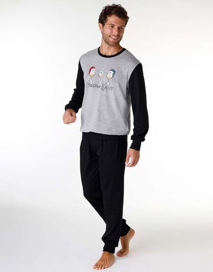 Pigiama lungo uomo in jersey di cotone, stampa Christmas Spirits, , LOVABLE