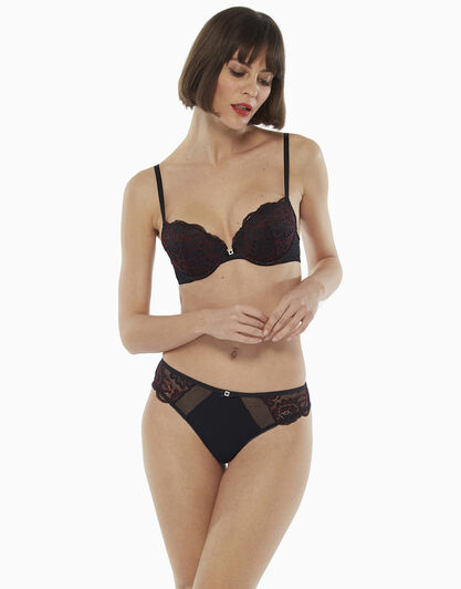Brasiliano in pizzo e microfibra, nero e rosso, , LOVABLE
