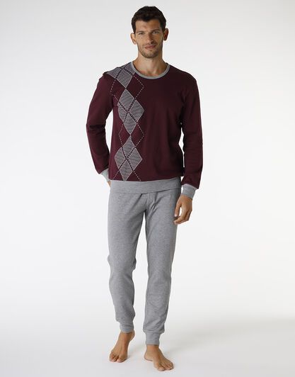 Pigiama lungo in interlock di cotone, bordeaux e grigio melange, , LOVABLE