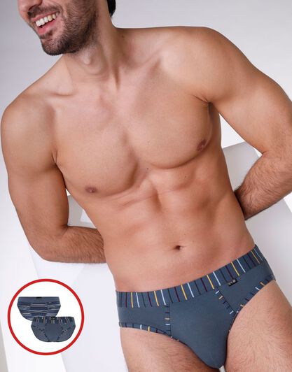 Slip Bipack uomo in cotone elasticizzato, blu denim a righe, , LOVABLE