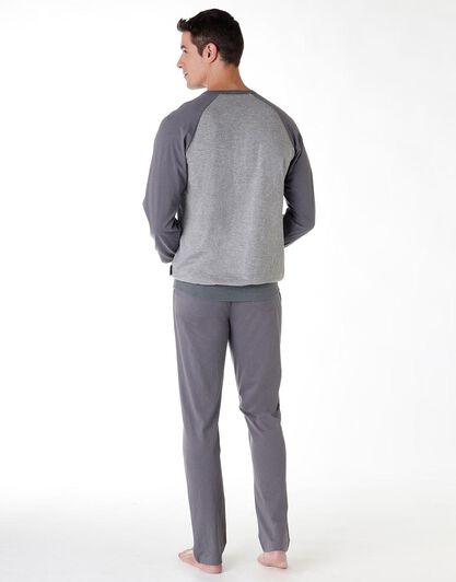 Pigiama lungo uomo in jersey di cotone, grigio con stampa, , LOVABLE