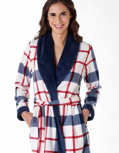 Vestaglia donna in micropile e pelliccetta, tartan avorio blu e rosso, , LOVABLE