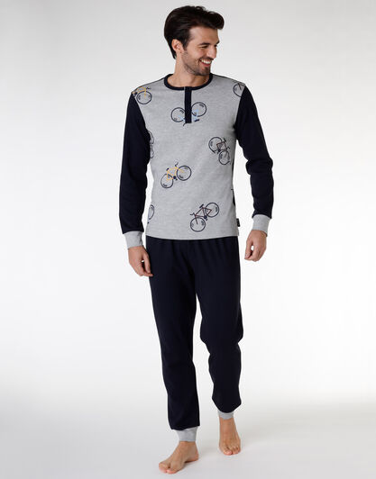 Pigiama lungo uomo in cotone interlock, stampa biciclette, , LOVABLE