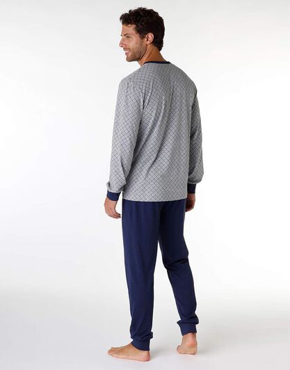 Pigiama uomo lungo in cotone jersey, grigio melange stampato, , LOVABLE