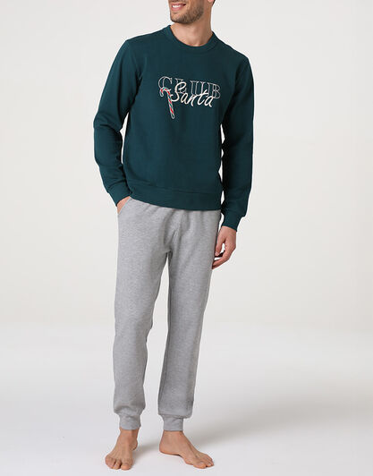 Pigiama Lungo Girocollo in Felpa e Interlock, verde scuro,  Pigiama Lungo Girocollo in Felpa e Interlock, verde scuro, , LOVABLE