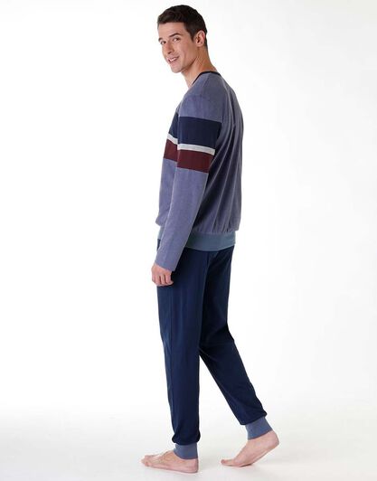 Pigiama lungo uomo in jersey di cotone, blu melange, , LOVABLE