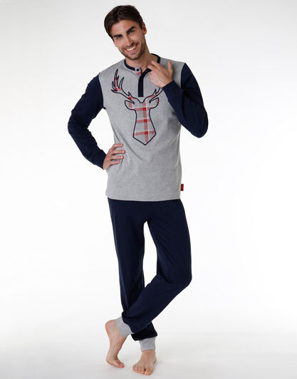 Pigiama uomo lungo in cotone interlock, grigio melange, , LOVABLE