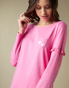 Pigiama donna lungo in jersey di 100% cotone, rosa con stampa cuori, , LOVABLE