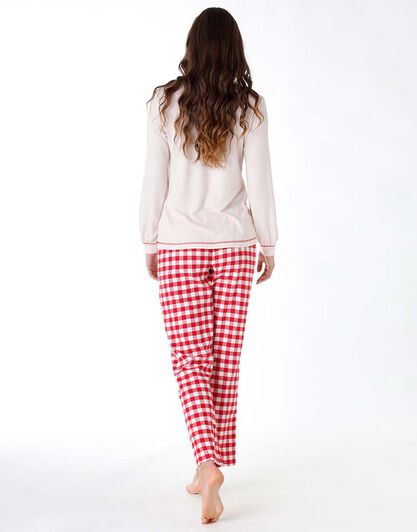 Pigiama lungo donna in cotone interlock, avorio e stampa a quadretti, , LOVABLE