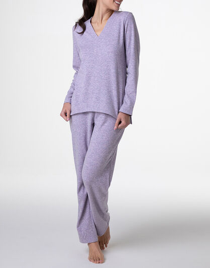 Pigiama Lungo scollo a V in Interlock garzato, rosa orchidea, , LOVABLE