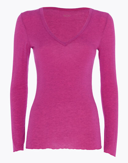 Maglia a manica lunga con scollo a V in modal e cashmere, rosa sorbetto, , LOVABLE