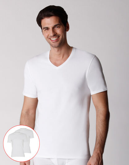 T-shirt scollo a V uomo in cotone biologico, confezione x2 bianco, , LOVABLE