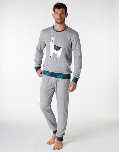 Pigiama in interlock di cotone, grigio melange scuro con stampa alpaca, , LOVABLE