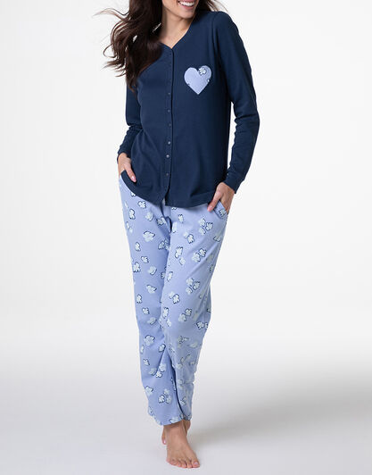 Pigiama Lungo Aperto in Interlock, blu notte, , LOVABLE