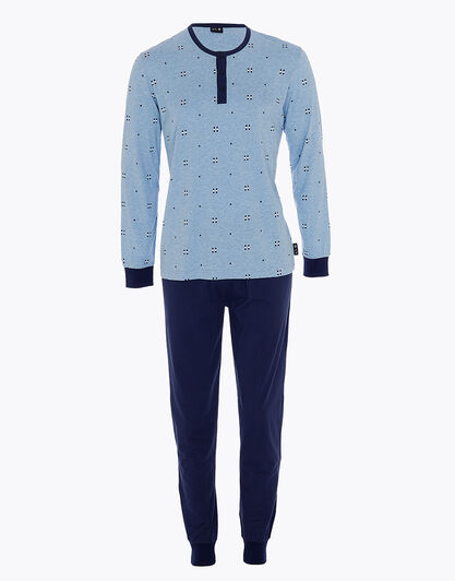Pigiama lungo serafino in jersey, azzurro melange, , LOVABLE
