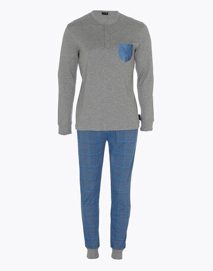 Pigiama lungo in interlock di cotone, grigio melage scuro e blu polvere con stampa, , LOVABLE