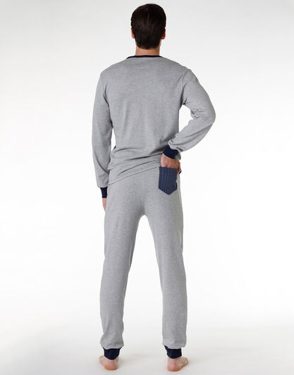 Pigiama lungo uomo in cotone interlock, blu navy stampato, , LOVABLE