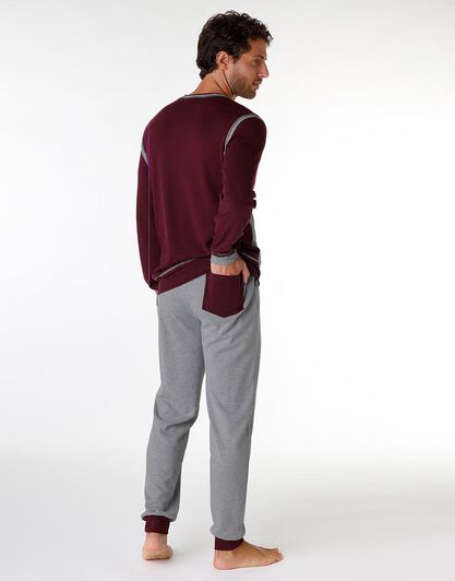 Pigiama uomo lungo in cotone interlock, grigio melange e bordeaux, , LOVABLE