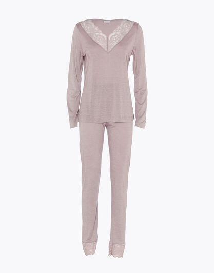 Pigiama lungo donna in jersey di 100% cotone modal e pizzo, grigio lillato, , LOVABLE