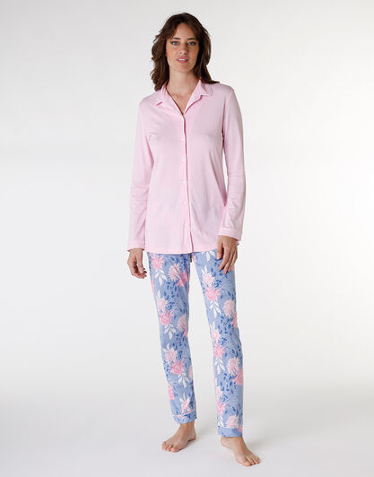 Pigiama lungo aperto in cotone modal, rosa con stampa floreale, , LOVABLE