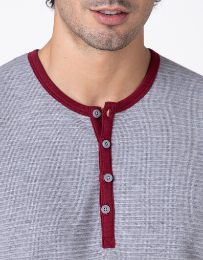 Pigiama Lungo Collo Serafino Warm Fabric e Interlock, grigio melange e bordeaux,  Pigiama Lungo Collo Serafino Warm Fabric e Interlock, grigio melange e bordeaux, , LOVABLE