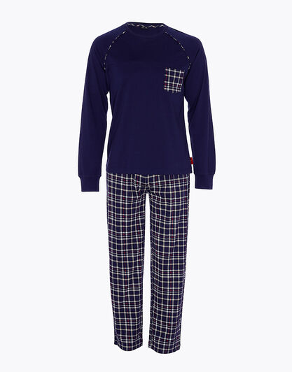 Pigiama in interlock di cotone, blu navy e stampa check, , LOVABLE