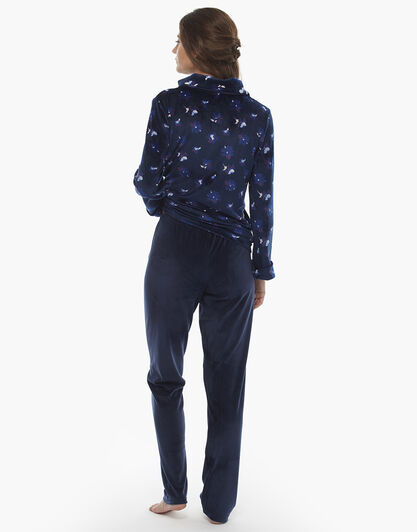 Homewear manica e gamba lunga blu stampato, in ciniglia, aperto con zip, , LOVABLE