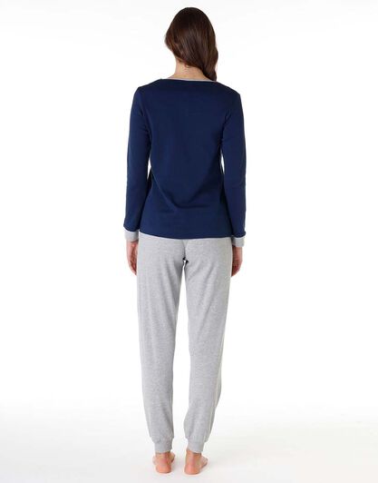 Pigiama donna lungo in cotone interlock, blu con stampa di gufo, , LOVABLE