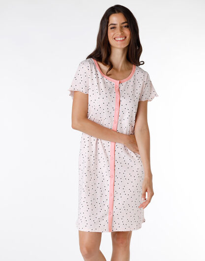 Camicia da notte a maniche corte in jersey 100% cotone, stampa con fondo pesca pastello, , LOVABLE