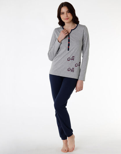 Pigiama donna lungo in jersey di cotone, blu, , LOVABLE