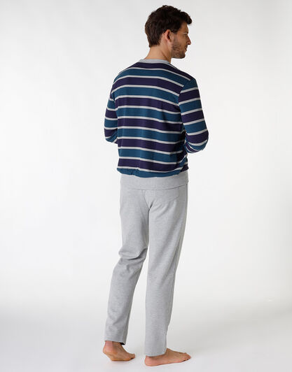 Pigiama lungo a righe in cotone, grigio melange e blu, , LOVABLE