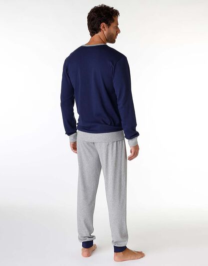 Pigiama lungo uomo in cotone interlock, blu navy con stampa gufetto, , LOVABLE
