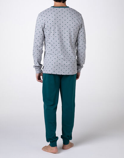 Pigiama Lungo Collo Serafino Interlock, grigio stampa alberi,  Pigiama Lungo Collo Serafino Interlock, grigio stampa alberi, , LOVABLE