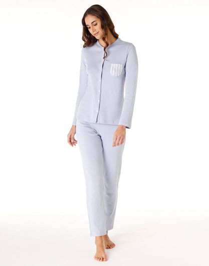 Pigiama lungo donna in 100% cotone interlock, blu polvere, , LOVABLE